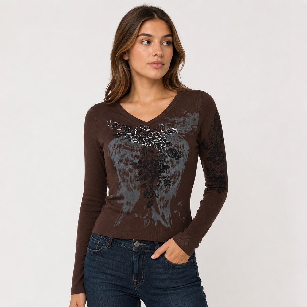 Unbranded Graphic Ribbed Top Women Small Brown Y2K Rhinestone Wing Floral